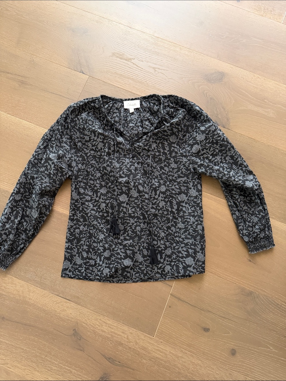 Black & Gray Floral Peasant Blouse with Tassel Tie
